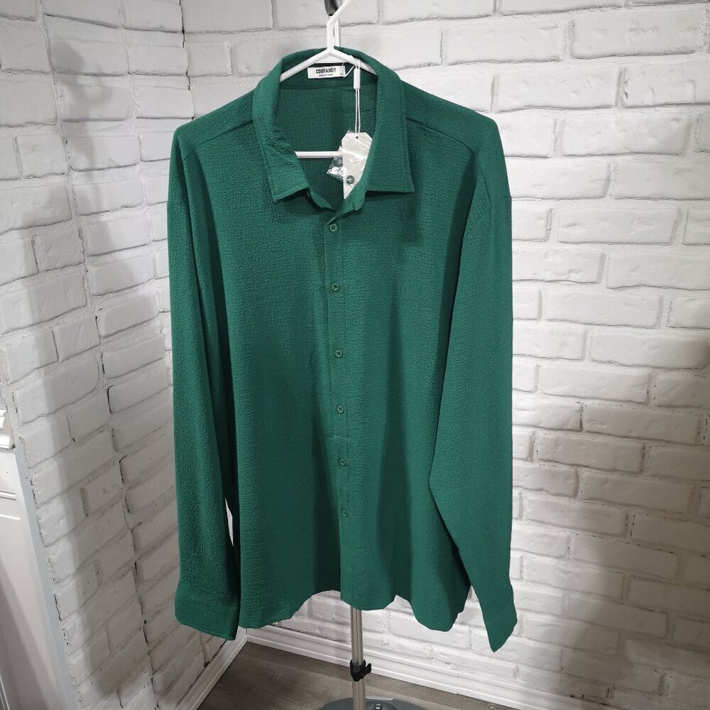 NWT Coofandy Men's Size XXL Dark Green Relaxed Fit Button Front Textured Shirt